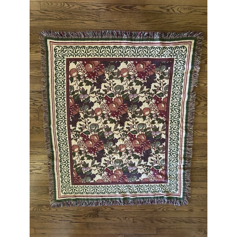 Vintage Goodwin Weavers Fruit Leaf Tapestry Fringe Blanket USA Size 56"x48" Red
